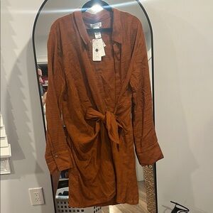 Rust colored Long-Sleeve Tie-Front Dress